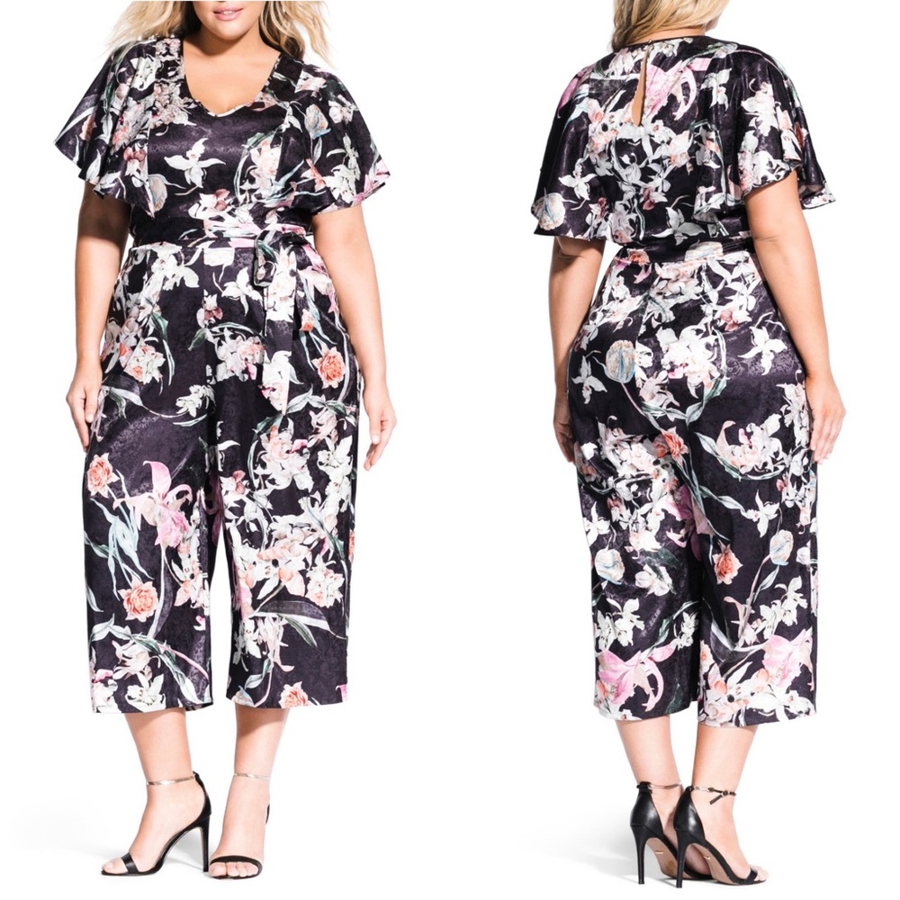 City Chic Midnight Floral Short Sleeve Cropped Jumpsuit Black L 20 NWT - Picture 12 of 12